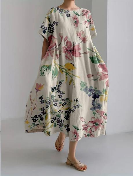 Sareno Robe Midi Woman – Light Floral Dress with Round Neck & Comfortable Fit