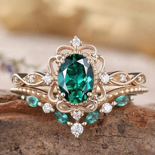 Aurelle Emerald Crown Ring Set | Rose Gold