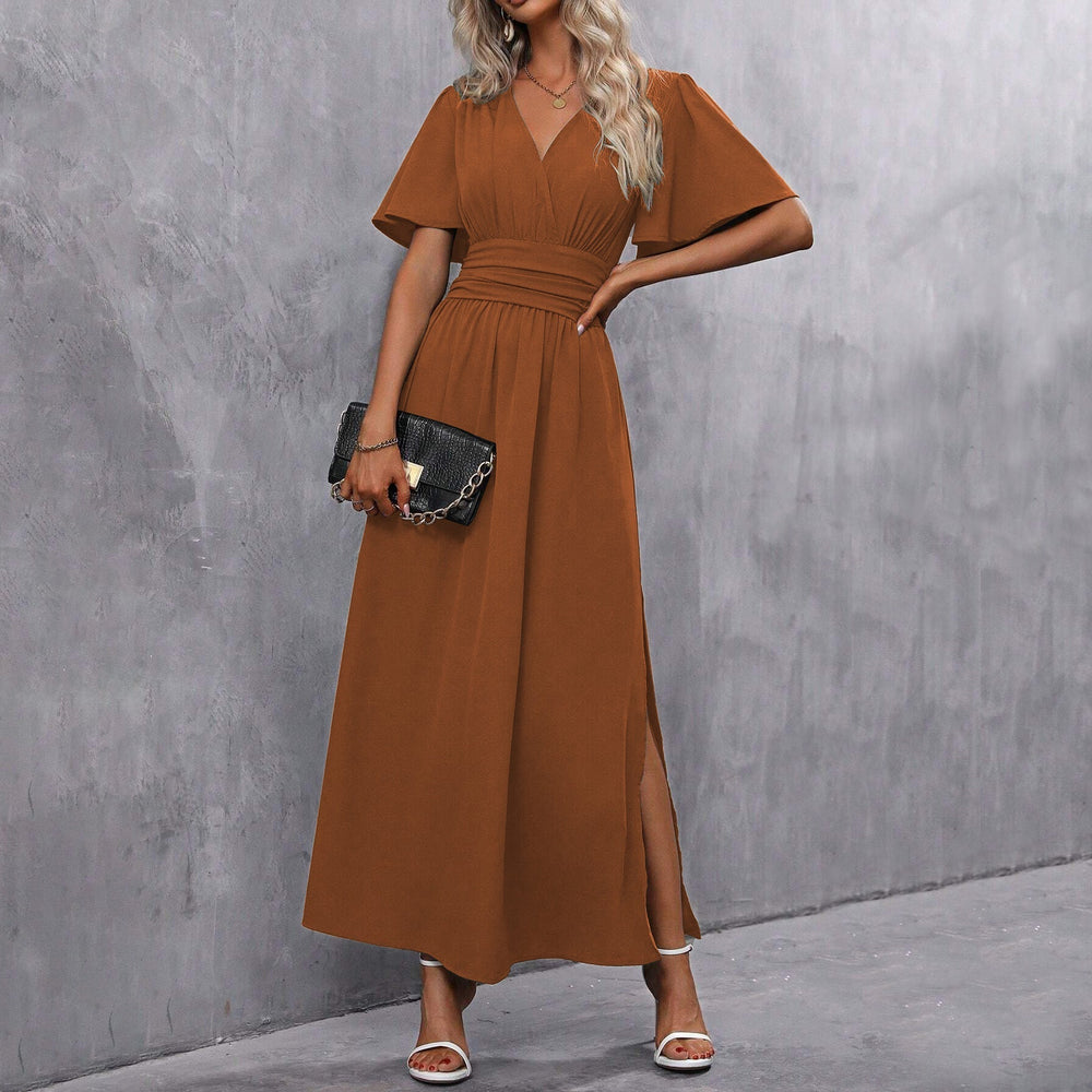Amy Robe Maxi Woman Elegant – Black, V Neck, Light Sleeves & Subtle Slit