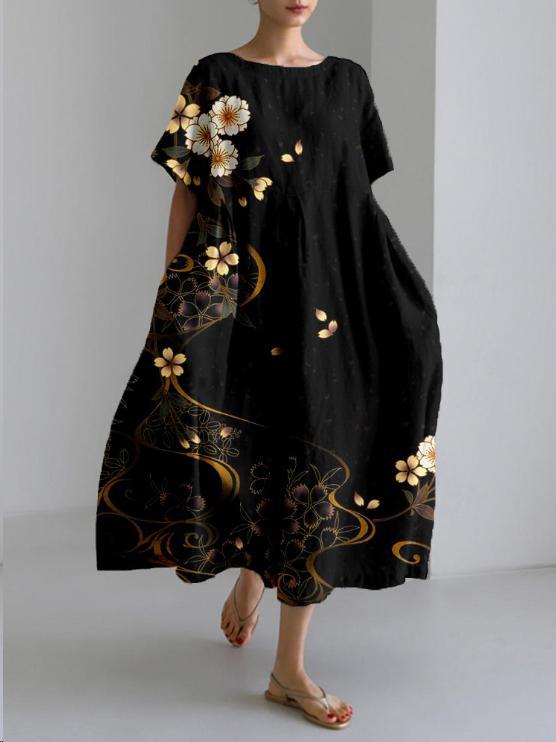 Sareno Robe Midi Woman – Light Floral Dress with Round Neck & Comfortable Fit