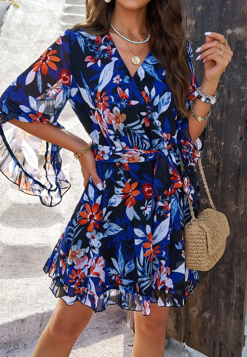 Emily Robe Wallet Woman – Light Dress with Floral Print with Adjustable Belt & Ruffles