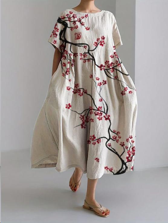 Sareno Robe Midi Woman – Light Floral Dress with Round Neck & Comfortable Fit
