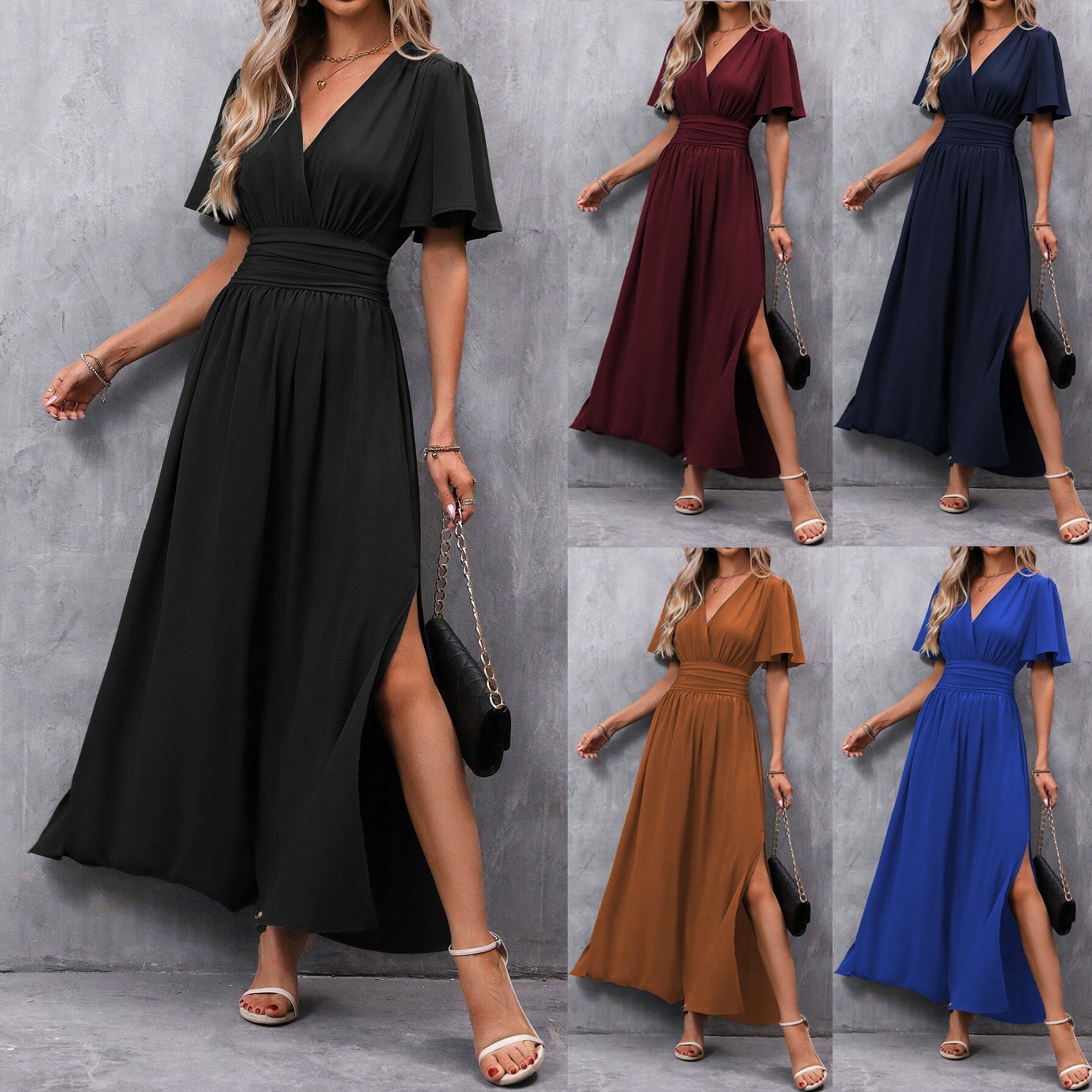 Amy Robe Maxi Woman Elegant – Black, V Neck, Light Sleeves & Subtle Slit