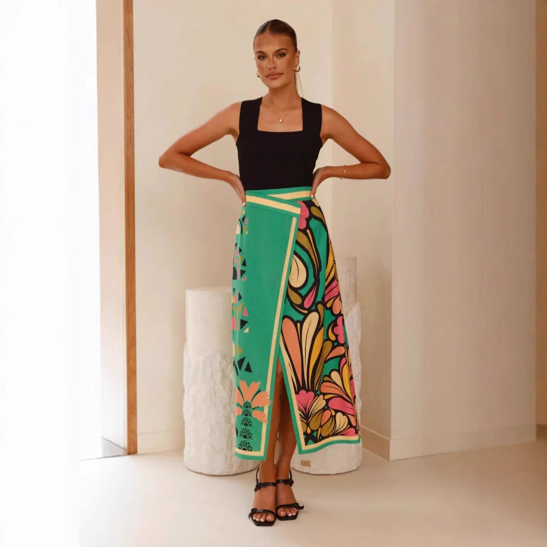 Macy Jupe Midi Femme – High Waist Wrap Skirt with Slit & Elegant Abstract Print