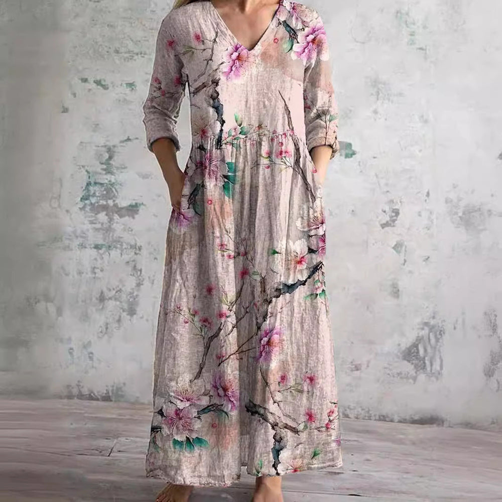 Willa Robe Longue Femme – Elegant Floral Dress with V-Neck & 3/4 Sleeves
