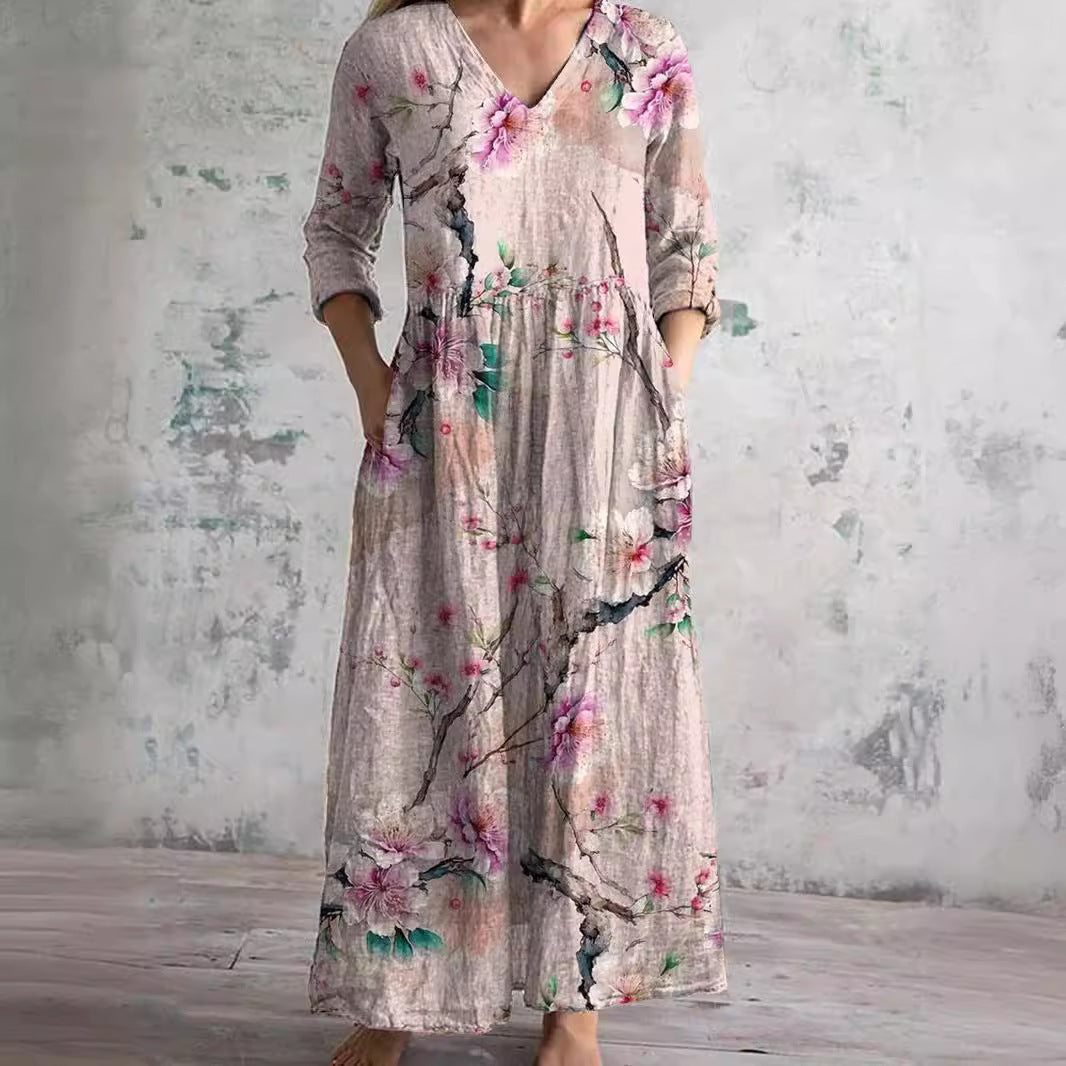 Willa Robe Longue Femme – Elegant Floral Dress with V-Neck & 3/4 Sleeves