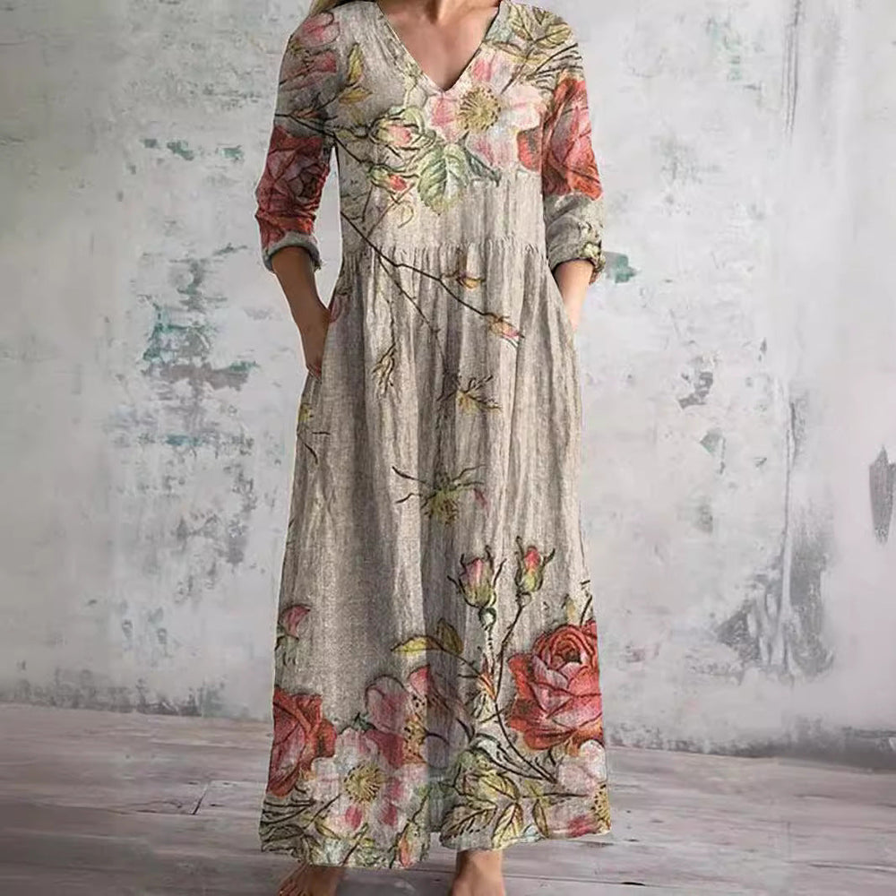 Willa Robe Longue Femme – Elegant Floral Dress with V-Neck & 3/4 Sleeves