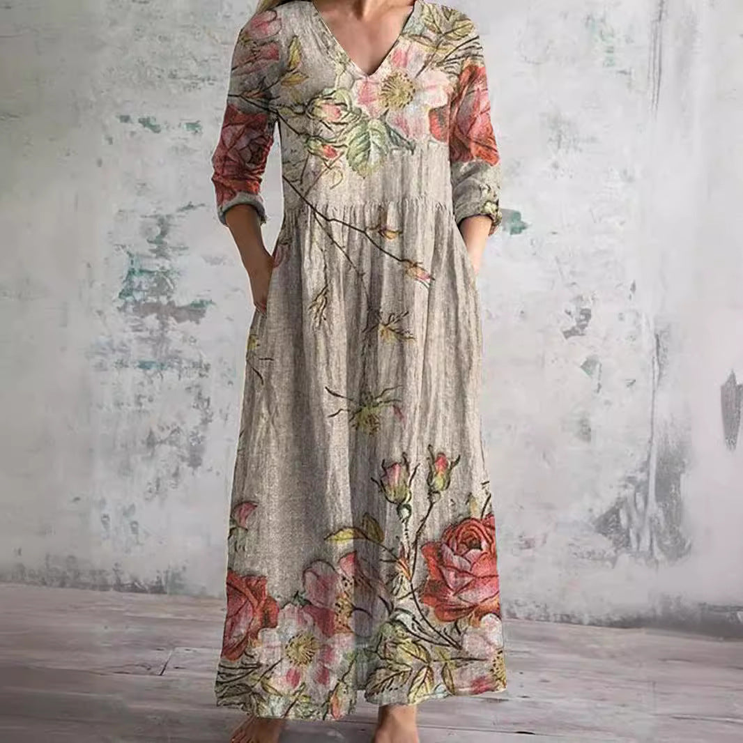 Willa Robe Longue Femme – Elegant Floral Dress with V-Neck & 3/4 Sleeves