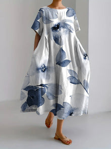 Sareno Robe Midi Woman – Light Floral Dress with Round Neck & Comfortable Fit