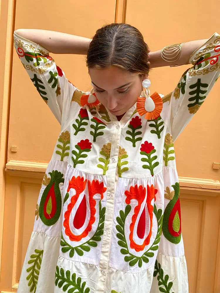 Celia Maxi Dress Woman – Long Cotton Dress with Bohemian Embroidery & Colorful Details