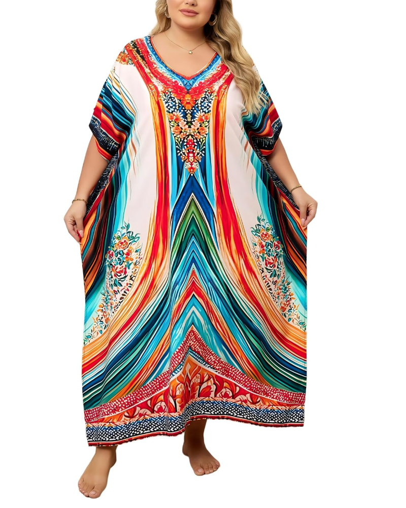 Olive Plus Size Women's Kaftan – Flowing Maxi Beach Dress, Loose Fit & Bohemian Style