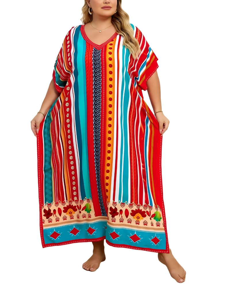 Olive Plus Size Women's Kaftan – Flowing Maxi Beach Dress, Loose Fit & Bohemian Style