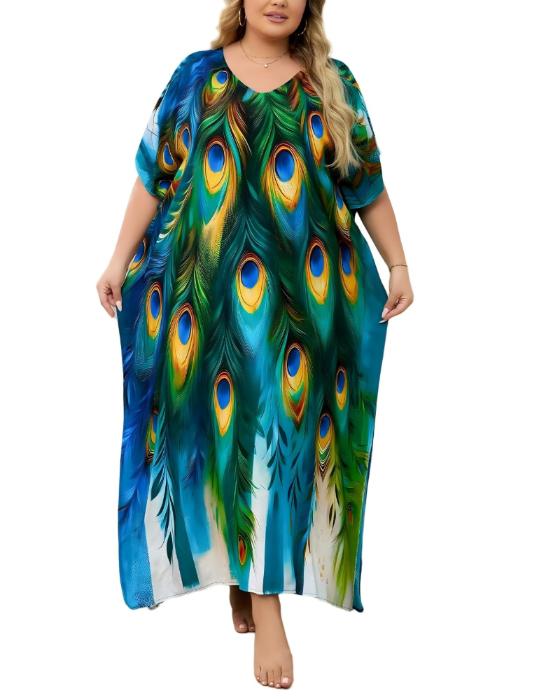 Olive Plus Size Women's Kaftan – Flowing Maxi Beach Dress, Loose Fit & Bohemian Style