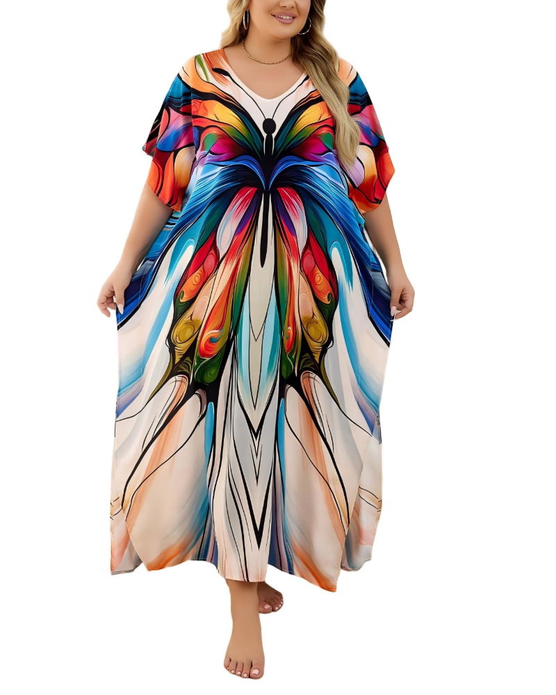 Olive Plus Size Women's Kaftan – Flowing Maxi Beach Dress, Loose Fit & Bohemian Style