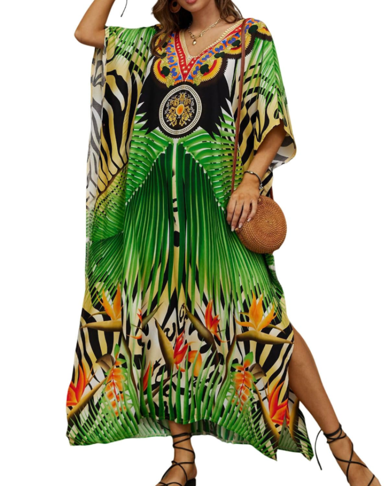 Olive Plus Size Women's Kaftan – Flowing Maxi Beach Dress, Loose Fit & Bohemian Style