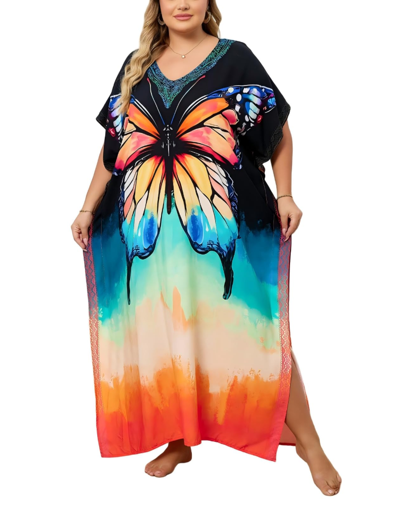 Olive Plus Size Women's Kaftan – Flowing Maxi Beach Dress, Loose Fit & Bohemian Style