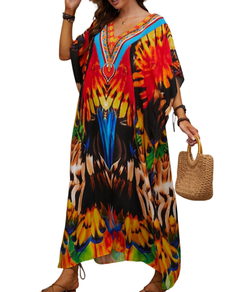 Olive Plus Size Women's Kaftan – Flowing Maxi Beach Dress, Loose Fit & Bohemian Style
