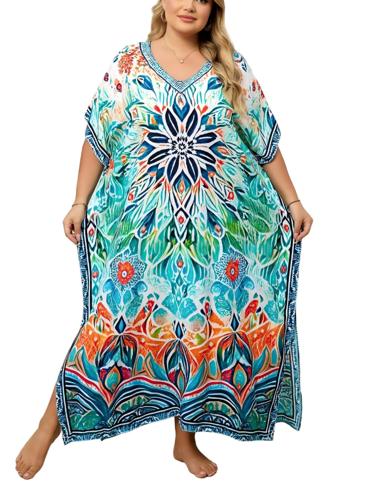 Olive Plus Size Women's Kaftan – Flowing Maxi Beach Dress, Loose Fit & Bohemian Style