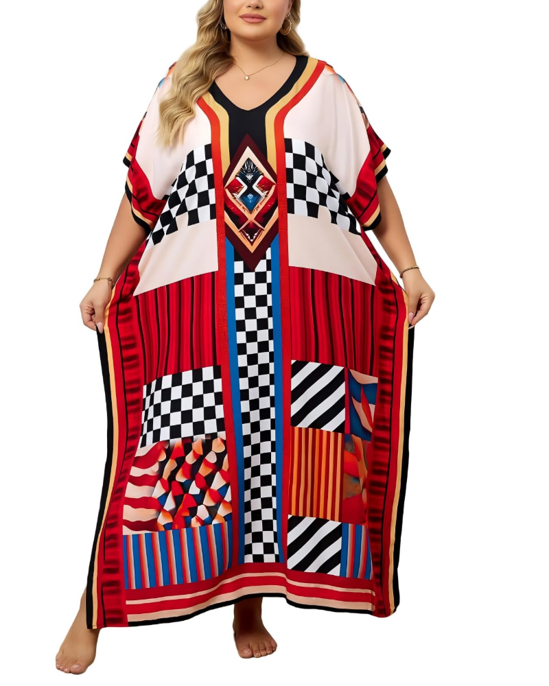 Olive Plus Size Women's Kaftan – Flowing Maxi Beach Dress, Loose Fit & Bohemian Style