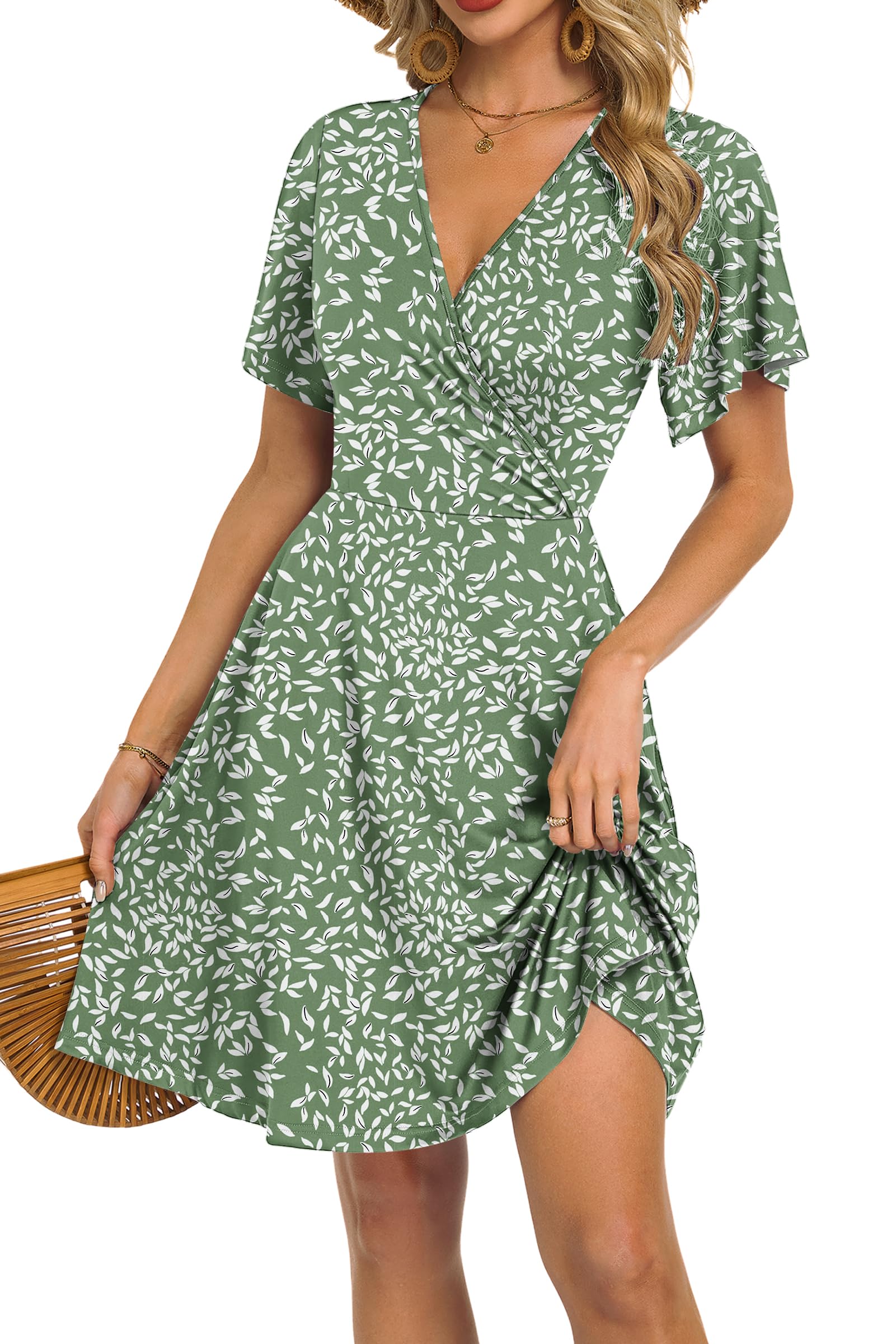 Mariselle Women's Dress – Floral V-Neck Wrap, Empire Waist & Pockets, A-Line Summer Cut