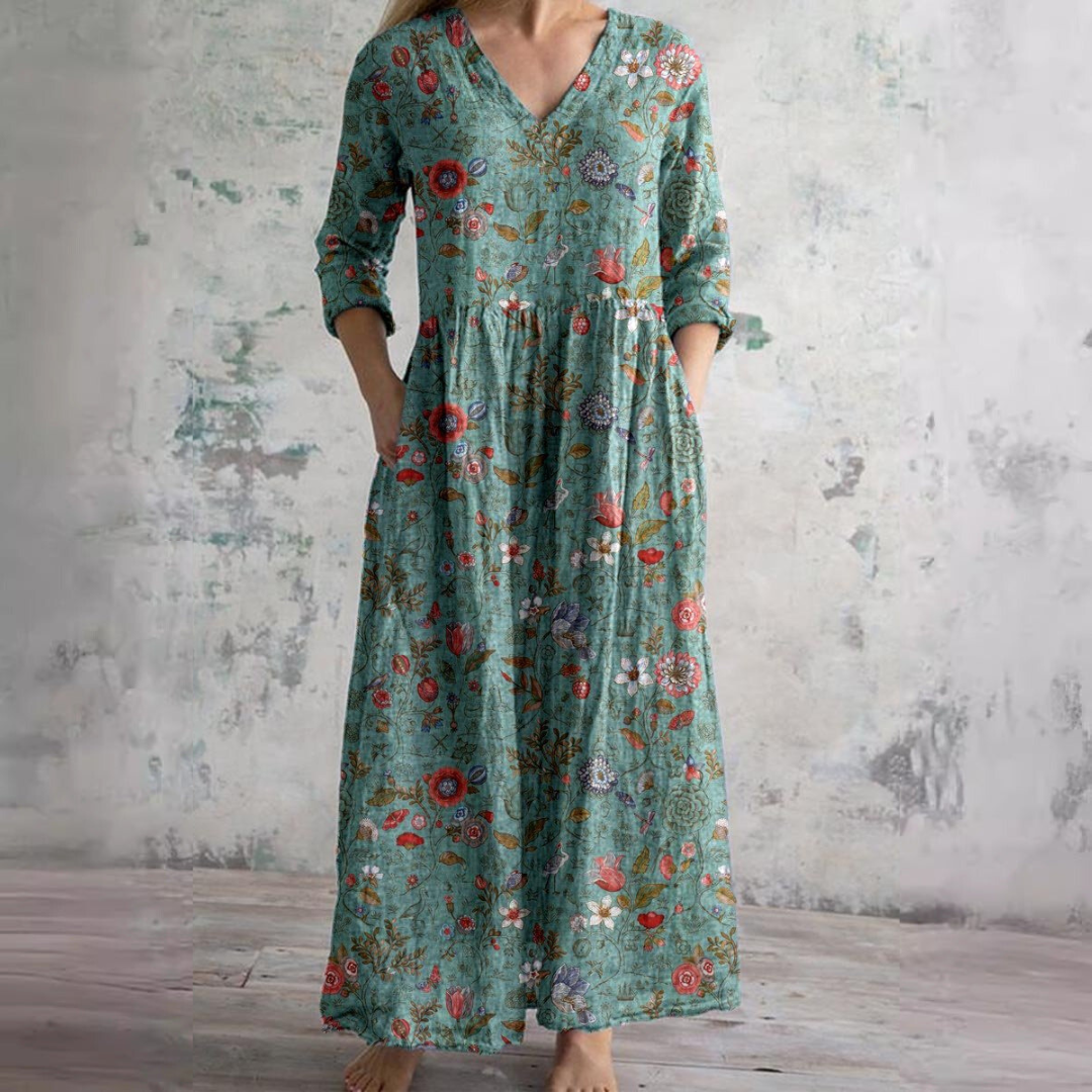 Willa Robe Longue Femme – Elegant Floral Dress with V-Neck & 3/4 Sleeves