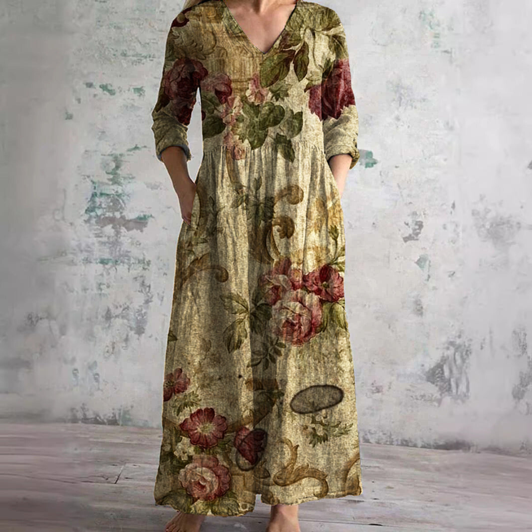 Willa Robe Longue Femme – Elegant Floral Dress with V-Neck & 3/4 Sleeves