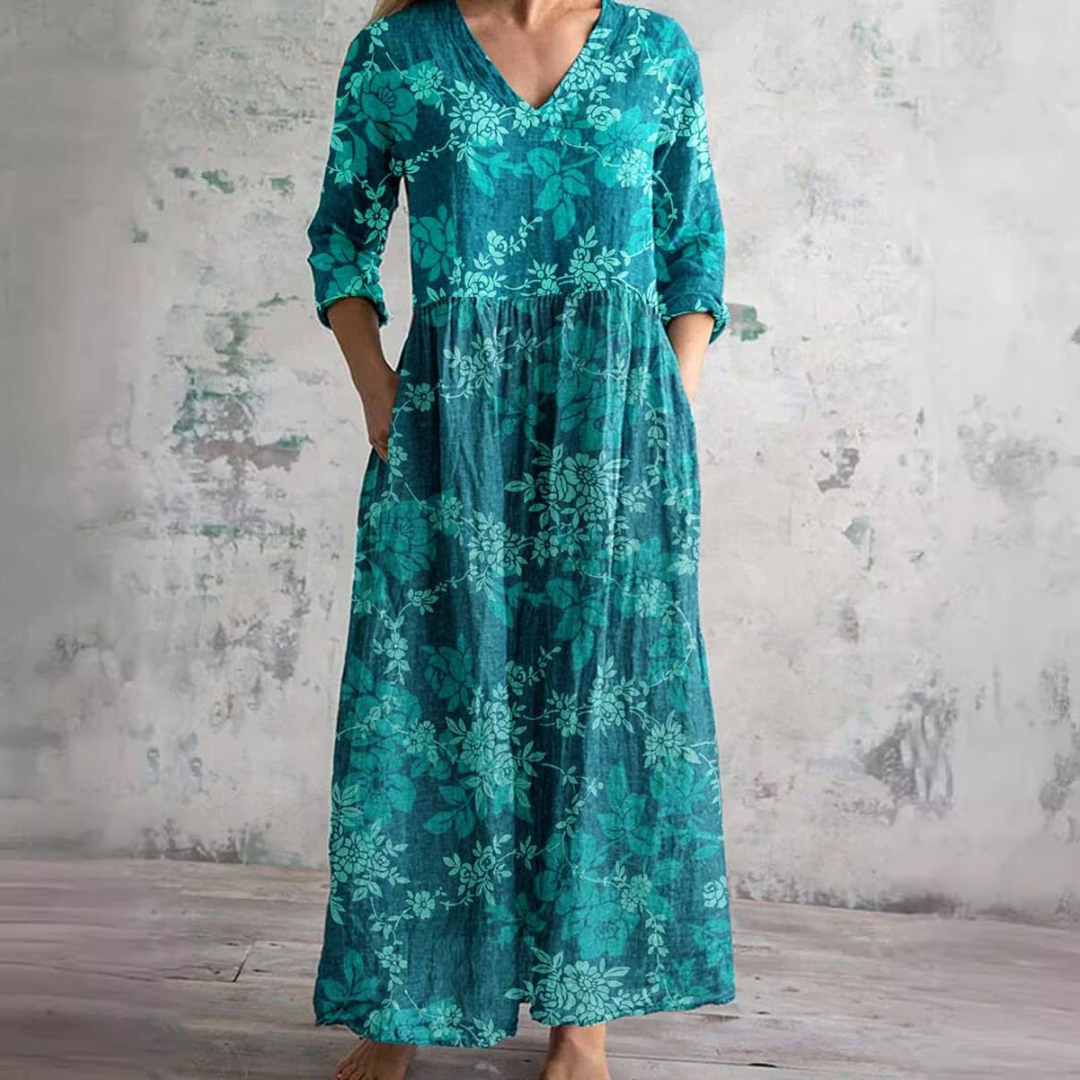 Willa Robe Longue Femme – Elegant Floral Dress with V-Neck & 3/4 Sleeves