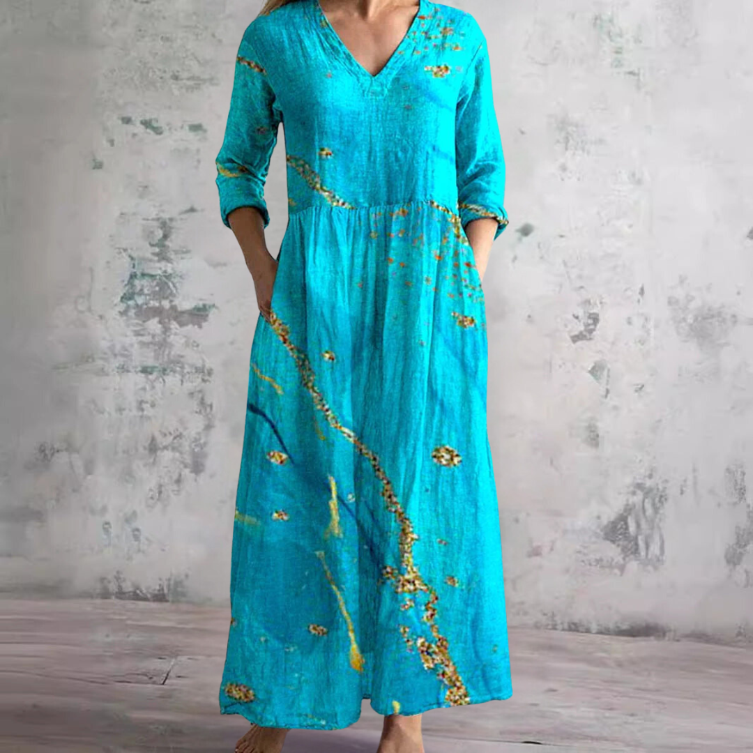 Willa Robe Longue Femme – Elegant Floral Dress with V-Neck & 3/4 Sleeves