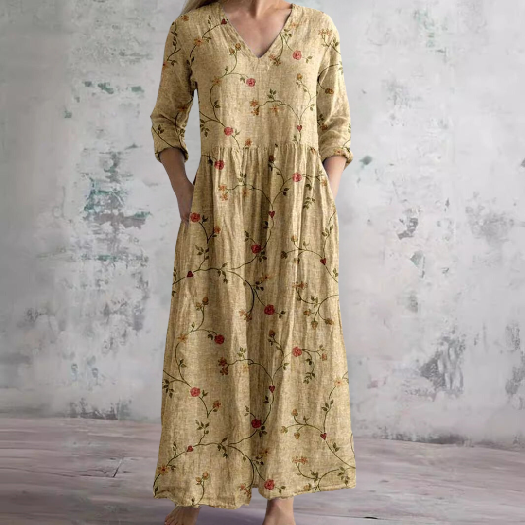Willa Robe Longue Femme – Elegant Floral Dress with V-Neck & 3/4 Sleeves