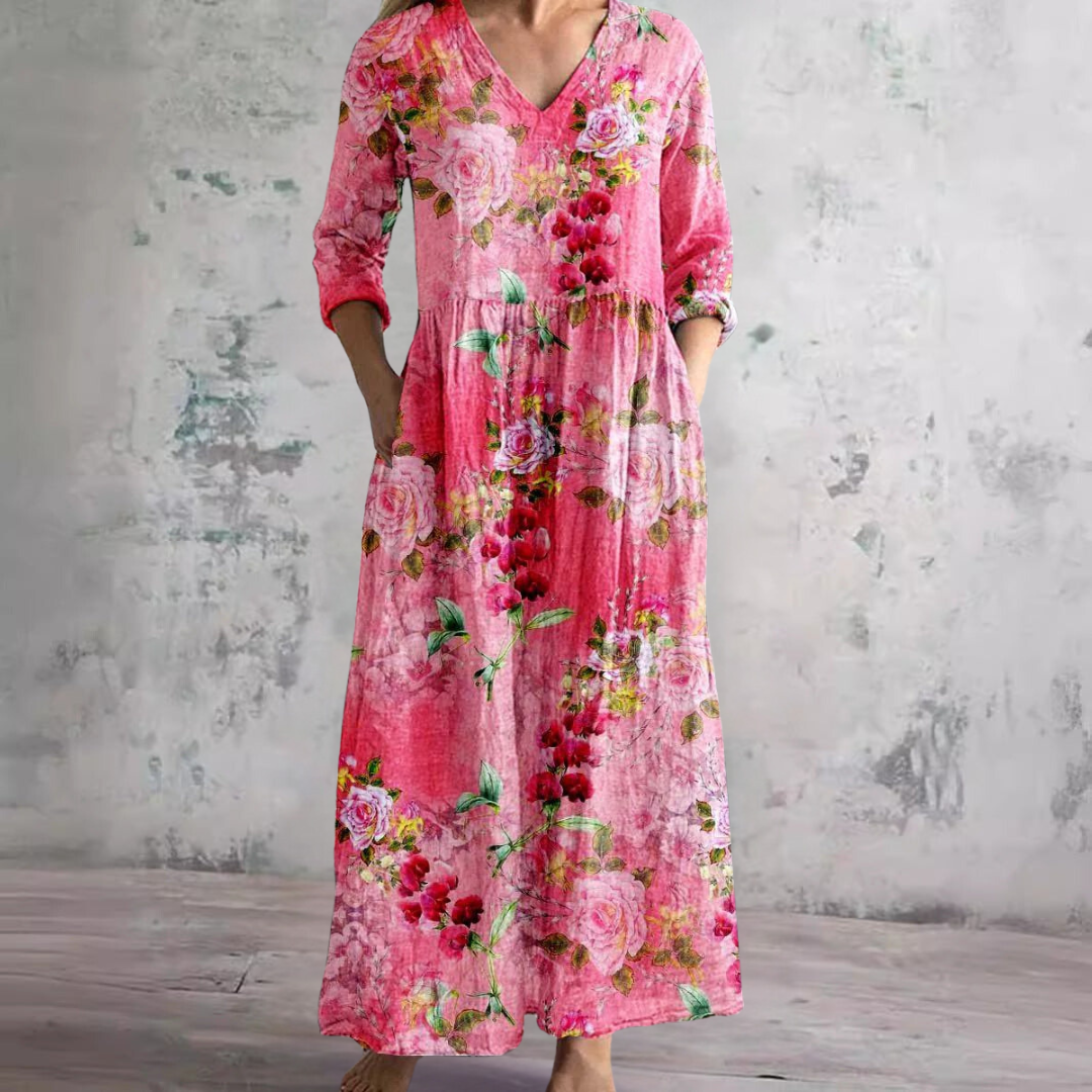 Willa Robe Longue Femme – Elegant Floral Dress with V-Neck & 3/4 Sleeves