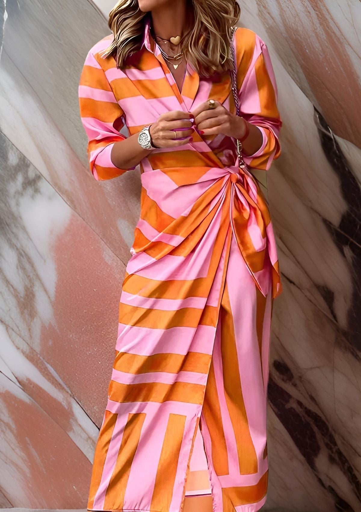 Women's Wrap Dress Amelia – Striped Crossed Dress with Flattering Cut & Light Comfort