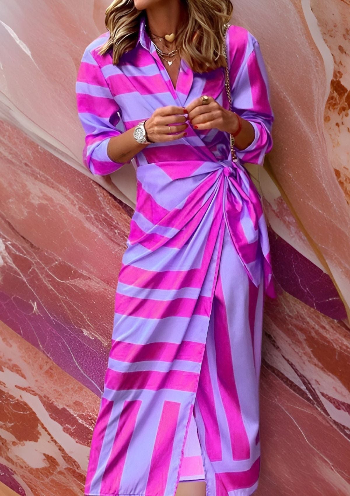 Women's Wrap Dress Amelia – Striped Crossed Dress with Flattering Cut & Light Comfort