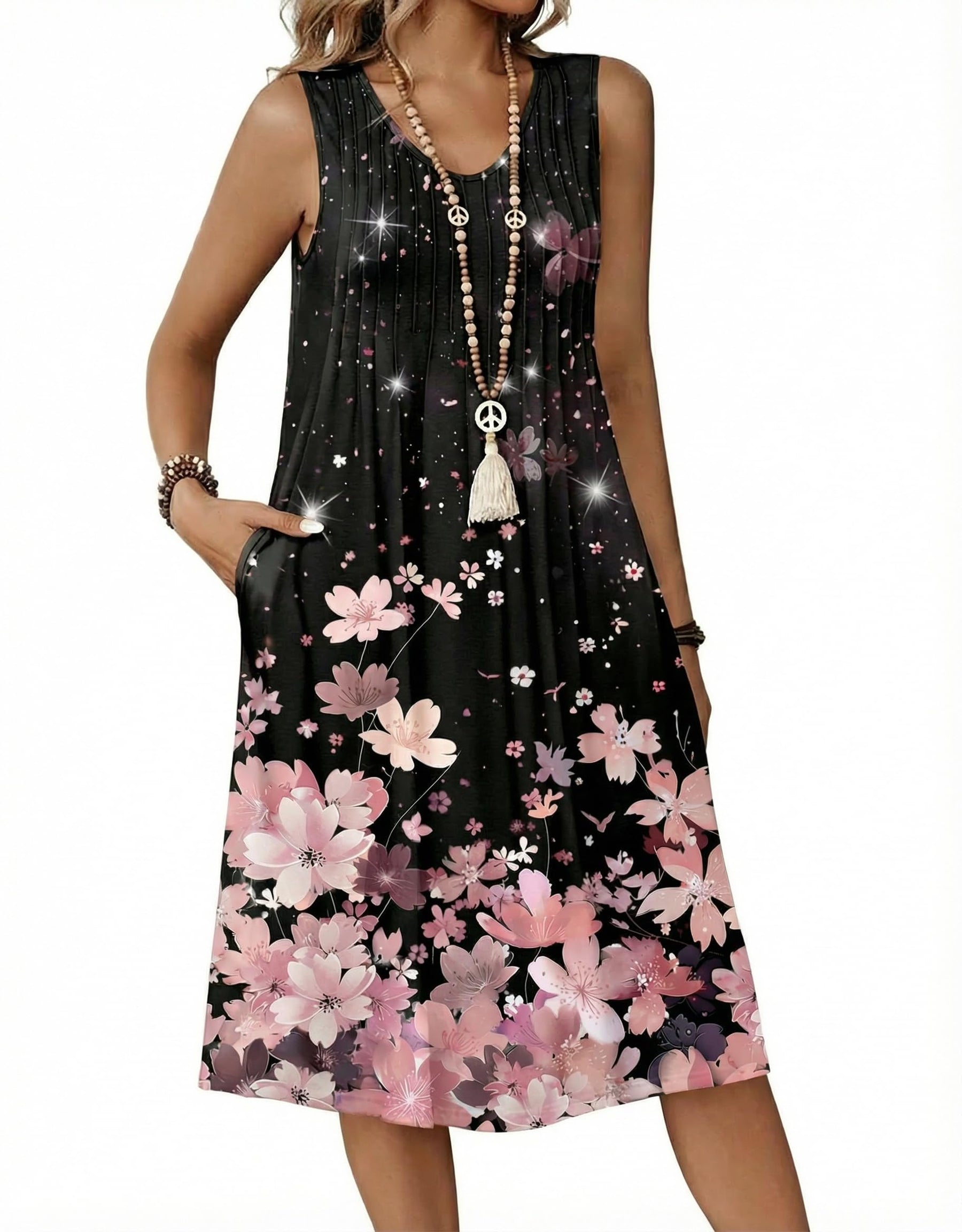 Zita Women's Dress – Sleeveless V-Neck, A-Line Midi Cut & Pleated Waist Pockets Summer