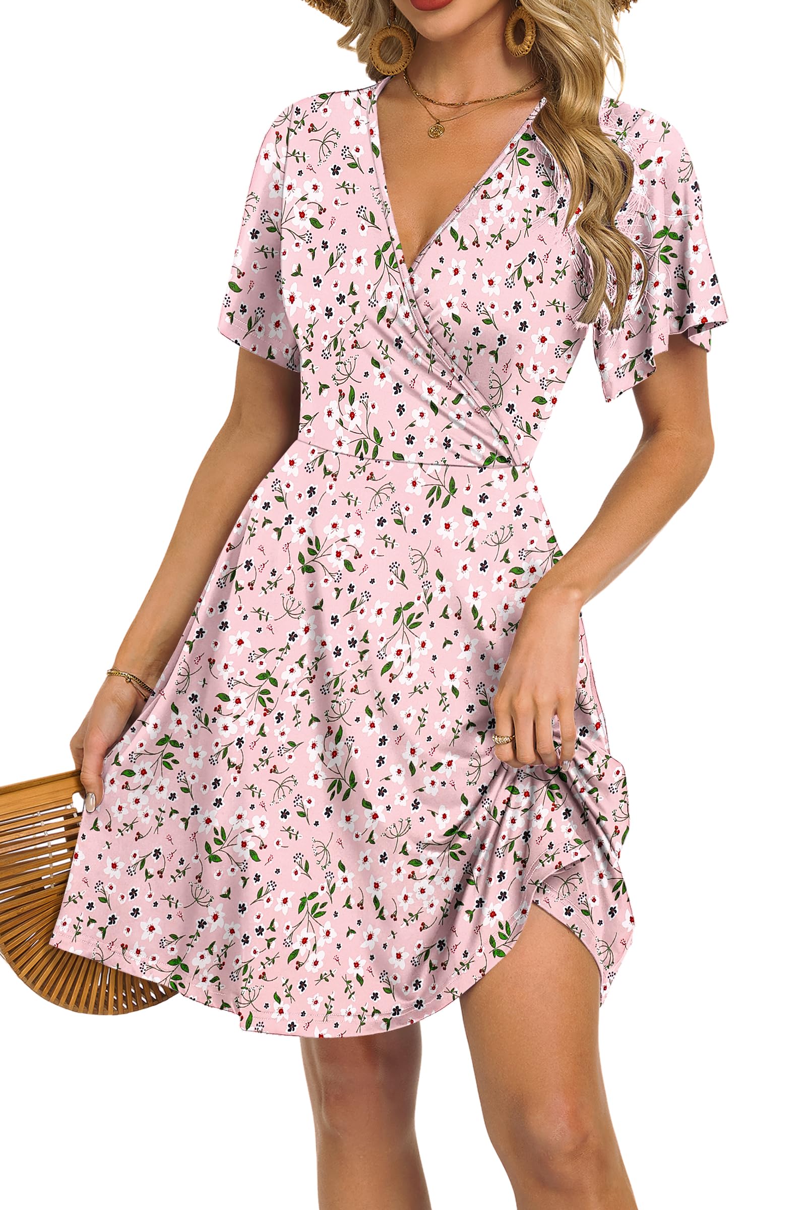 Mariselle Women's Dress – Floral V-Neck Wrap, Empire Waist & Pockets, A-Line Summer Cut