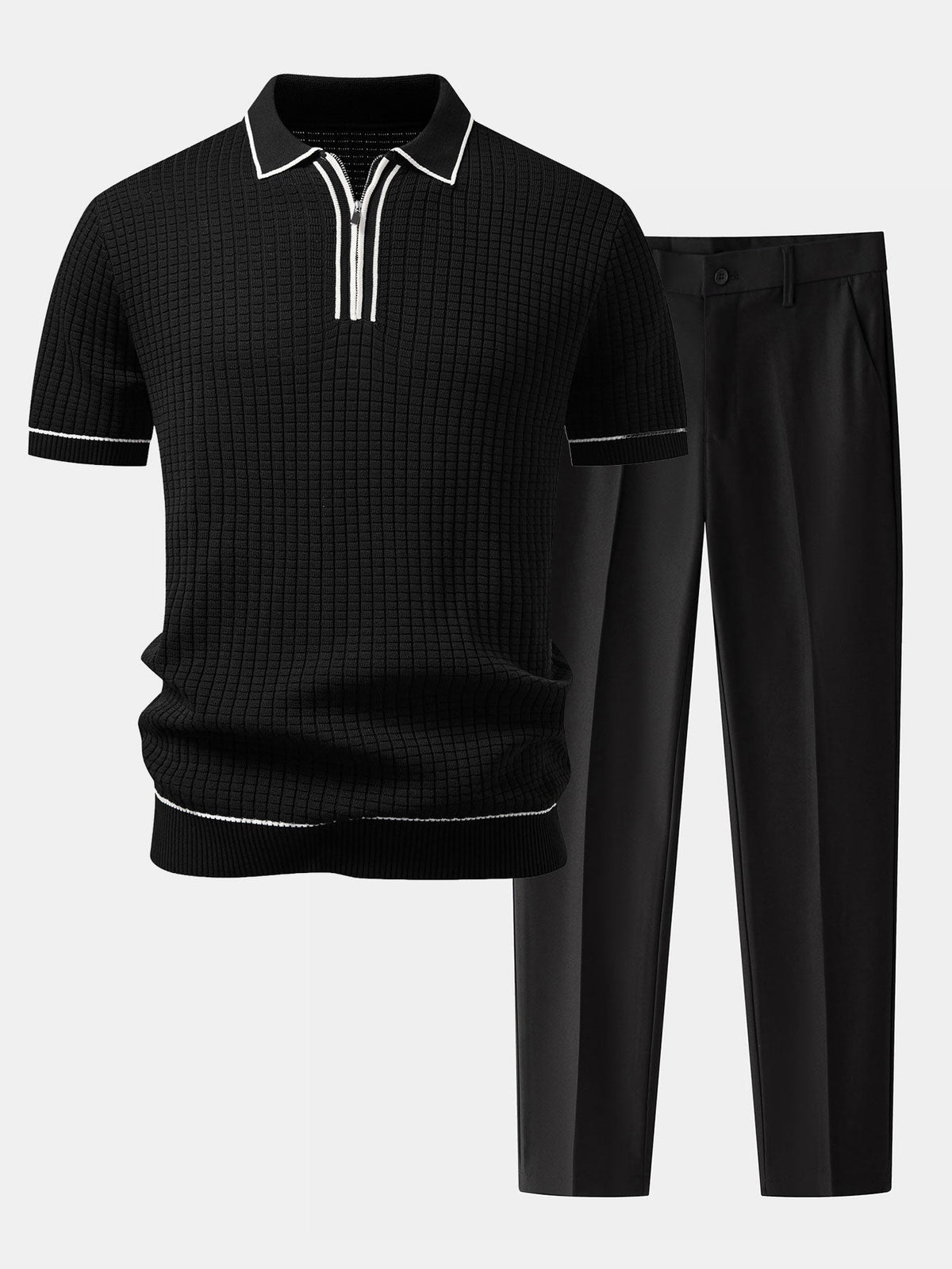 Contrast Trim Waffle Zipper Knit Polo & Slim Fit Tapered Trousers