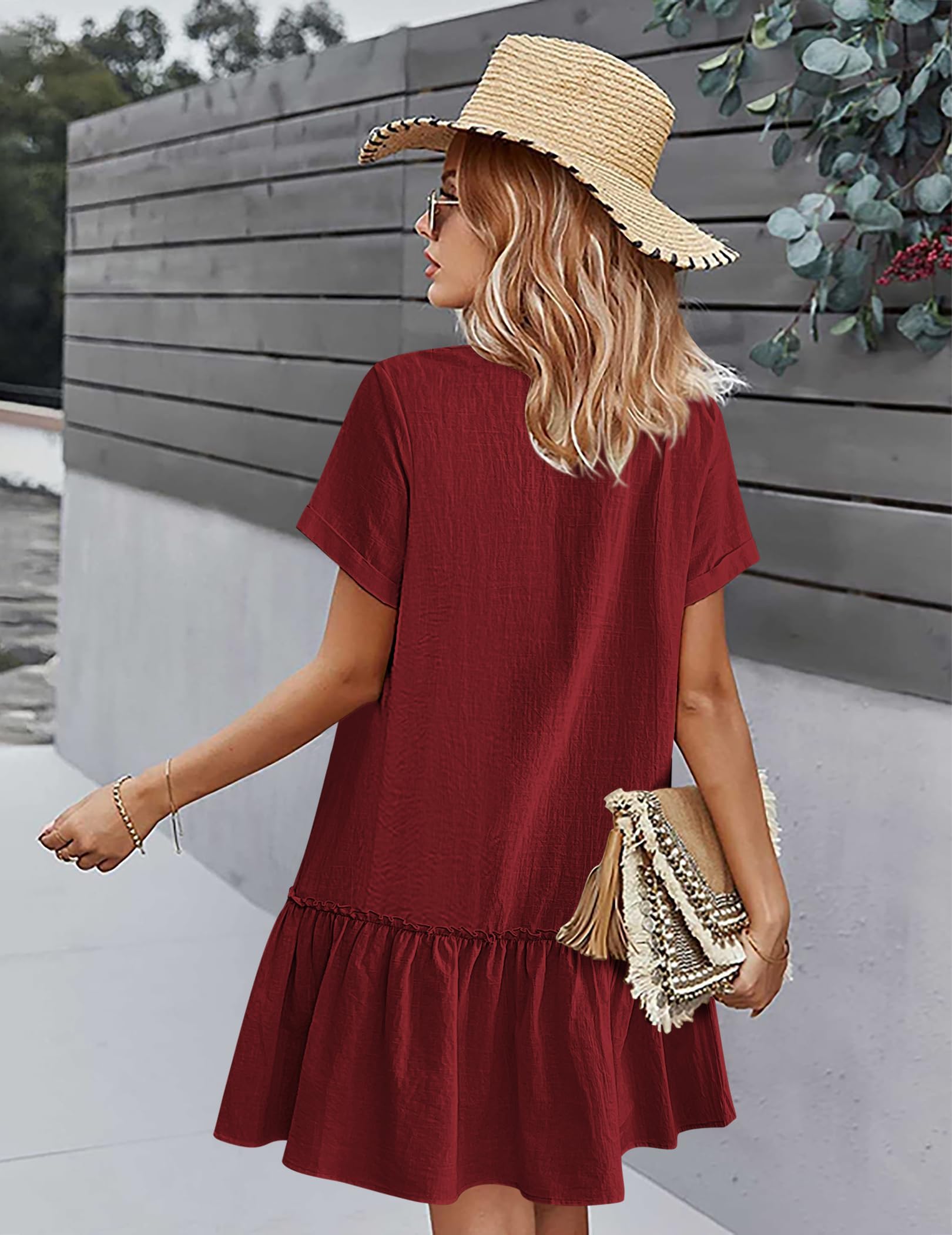 Trixie Women's Dress – Buttoned V-Neck, Cotton Linen Loose Fit & Ruffled Hem Summer