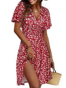 Petalina Women's Robe – Floral V-Neck Wrap, A-Line Midi Cut & Short Sleeves Summer