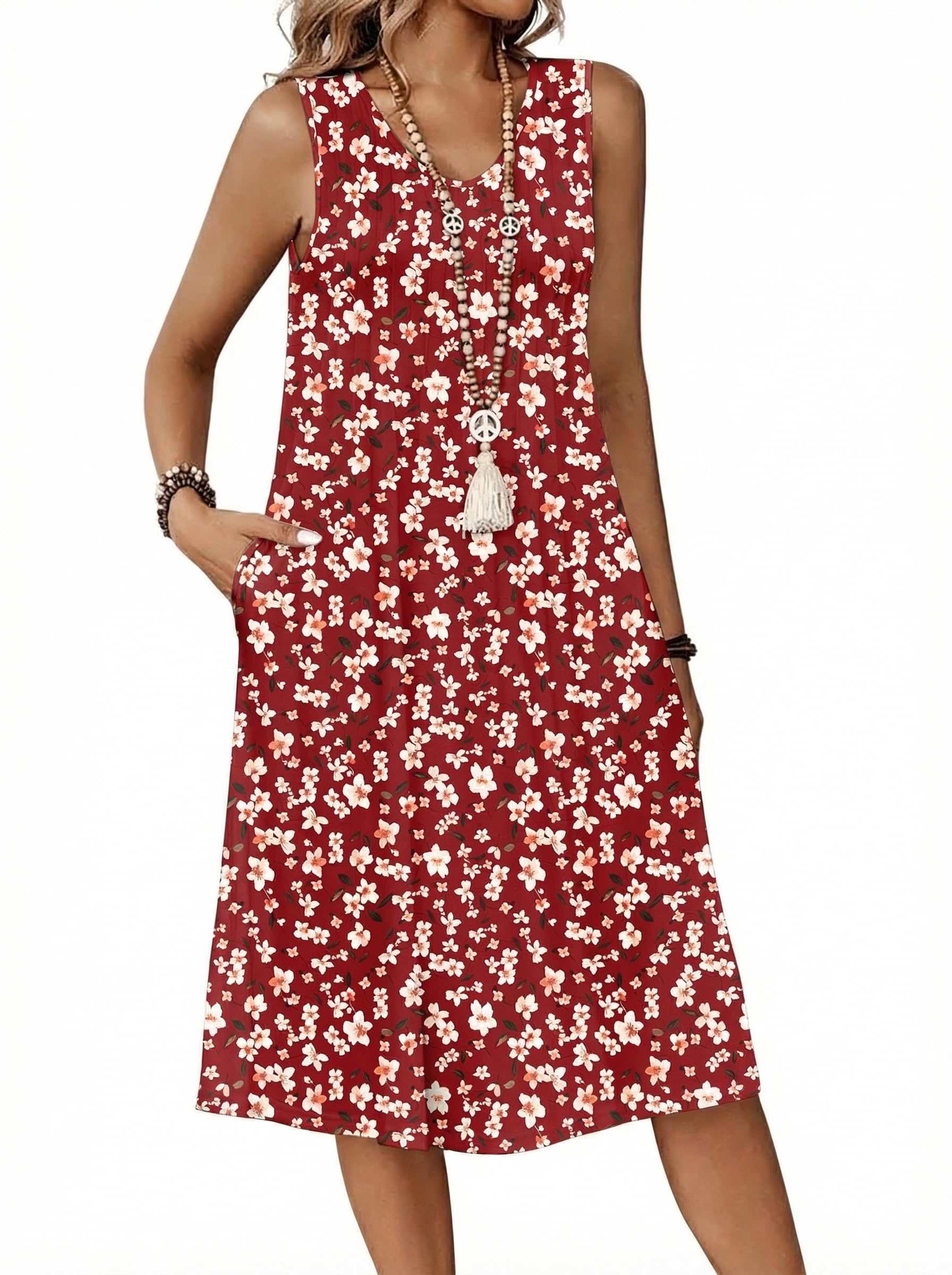 Zita Women's Dress – Sleeveless V-Neck, A-Line Midi Cut & Pleated Waist Pockets Summer