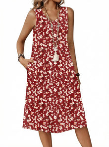 Zita Women's Dress – Sleeveless V-Neck, A-Line Midi Cut & Pleated Waist Pockets Summer