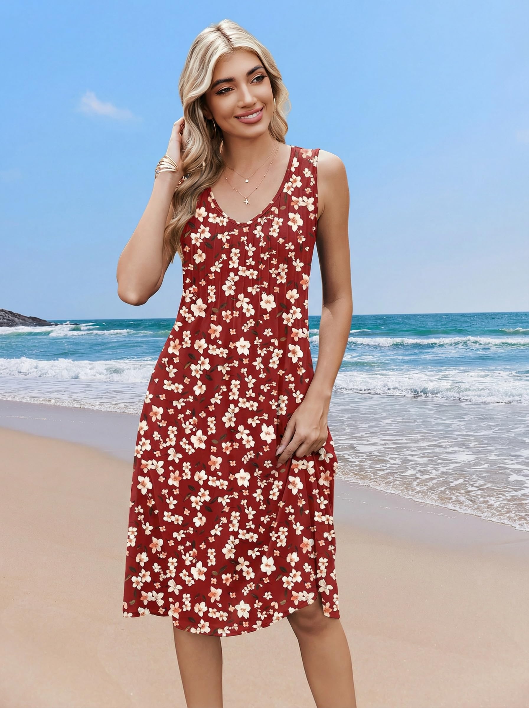 Zita Women's Dress – Sleeveless V-Neck, A-Line Midi Cut & Pleated Waist Pockets Summer