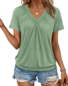 Rhea Women's Top – Pleated V-Neck T-shirt, Elegant & Comfortable Summer Flowing Fit