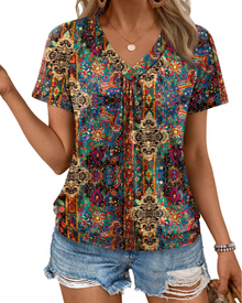 Rhea Women's Top – Pleated V-Neck T-shirt, Elegant & Comfortable Summer Flowing Fit