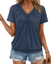 Rhea Women's Top – Pleated V-Neck T-shirt, Elegant & Comfortable Summer Flowing Fit