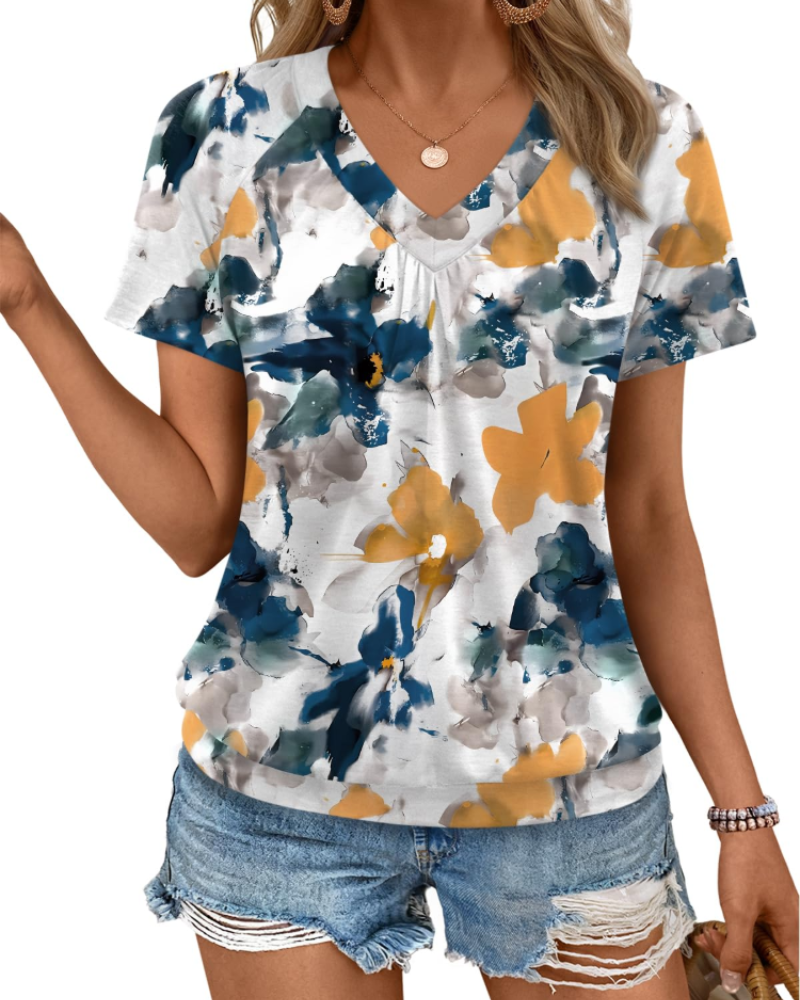 Rhea Women's Top – Pleated V-Neck T-shirt, Elegant & Comfortable Summer Flowing Fit