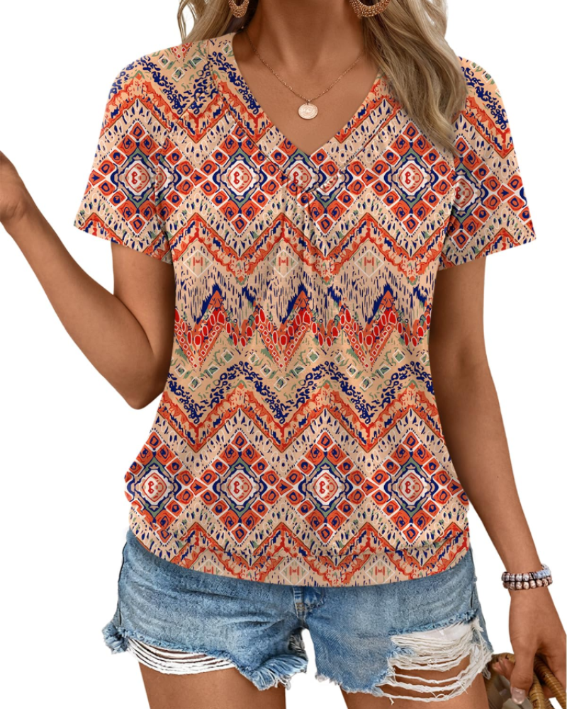 Rhea Women's Top – Pleated V-Neck T-shirt, Elegant & Comfortable Summer Flowing Fit