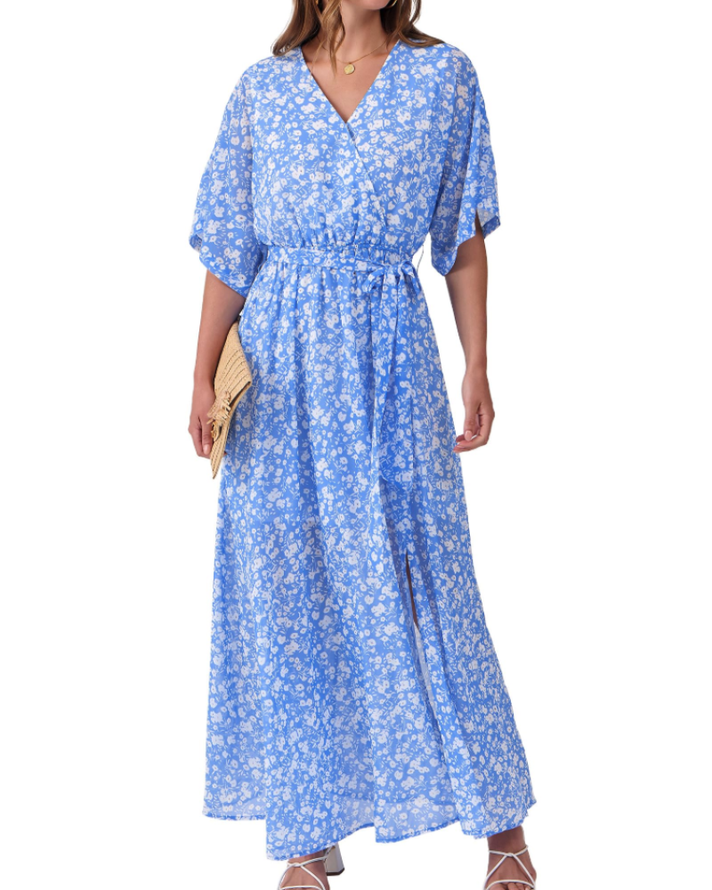 Rodelyn Women's Maxi Dress – V-Neck Wrap, 3/4 Kimono Sleeves & Elegant Bohemian Slit