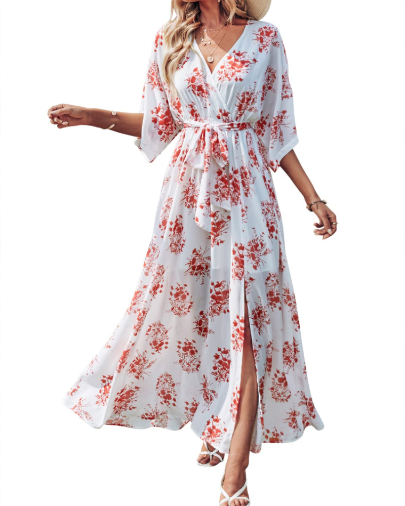Rodelyn Women's Maxi Dress – V-Neck Wrap, 3/4 Kimono Sleeves & Elegant Bohemian Slit