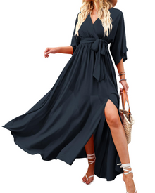 Rodelyn Women's Maxi Dress – V-Neck Wrap, 3/4 Kimono Sleeves & Elegant Bohemian Slit