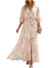 Rodelyn Women's Maxi Dress – V-Neck Wrap, 3/4 Kimono Sleeves & Elegant Bohemian Slit