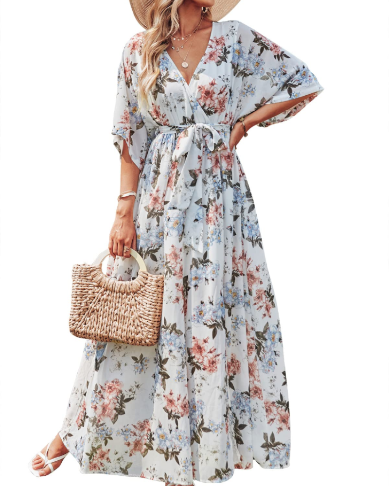Rodelyn Women's Maxi Dress – V-Neck Wrap, 3/4 Kimono Sleeves & Elegant Bohemian Slit